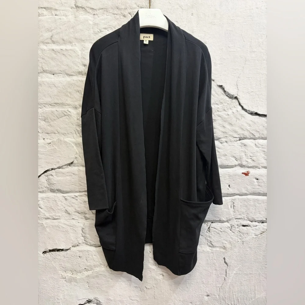 PACT Organic Cotton Airplane Wrap Cardigan Black Open Front Pockets‎ Capsule